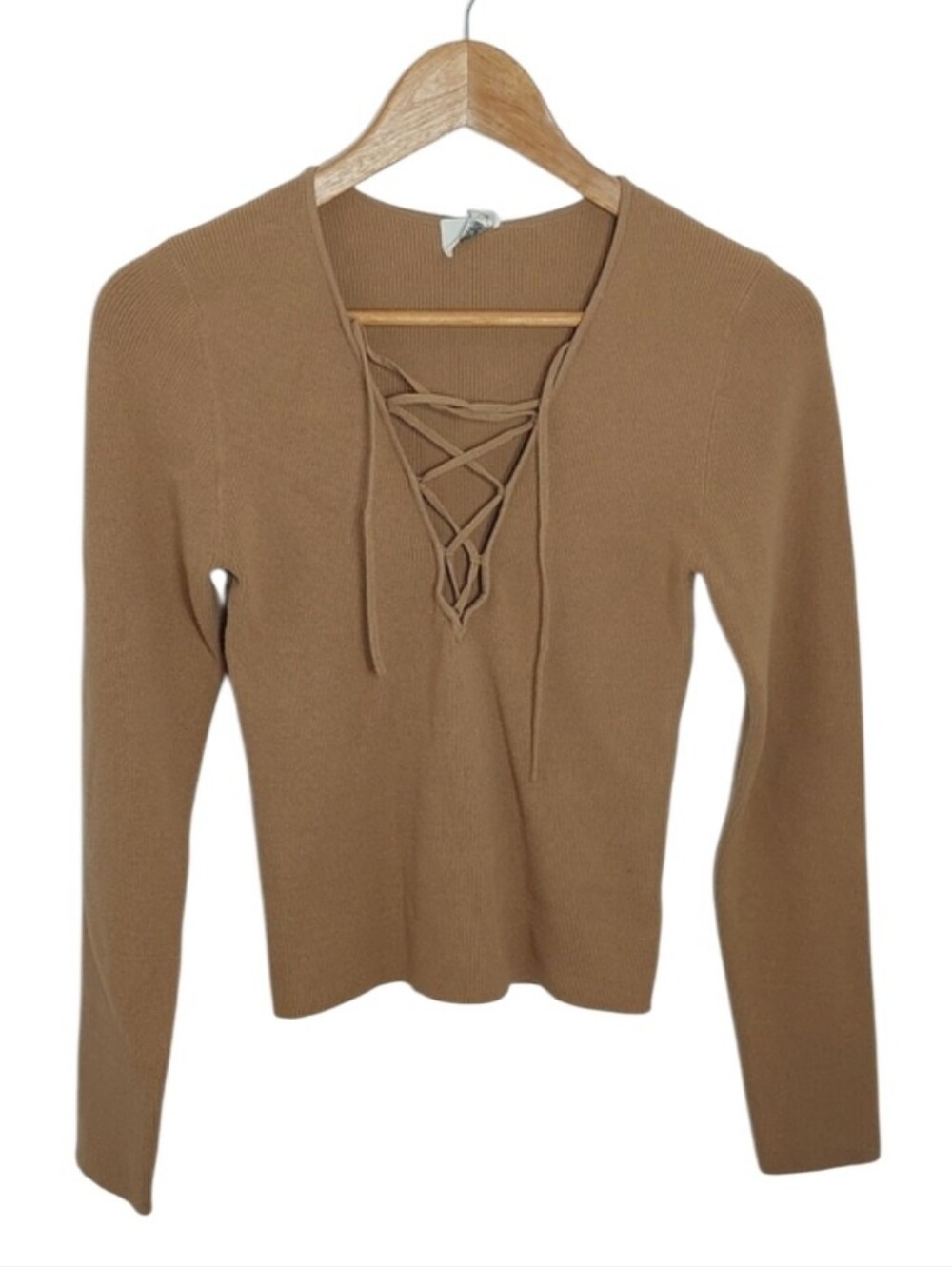Wilfred Lace Up Ribbed Long Sleeve Top Camel Tan Size Medium Cropped